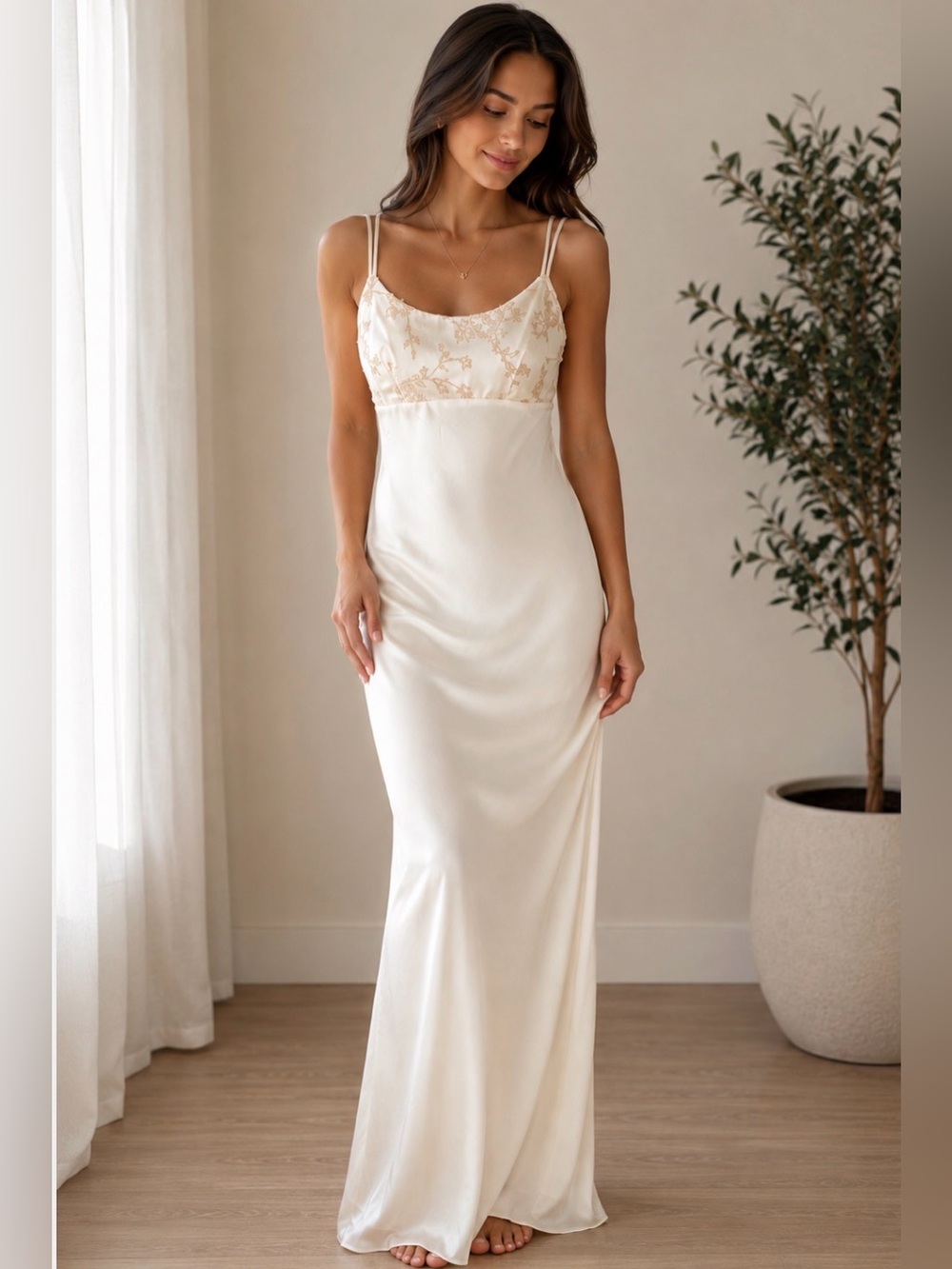 90’s Elegant Vintage Cream Beaded Floor Length Dress